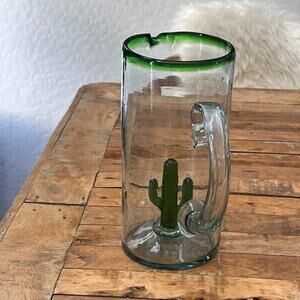 Large Handcrafted Margarita Pitcher Heavy Glass Green Saguaro Cactus Hand Blown